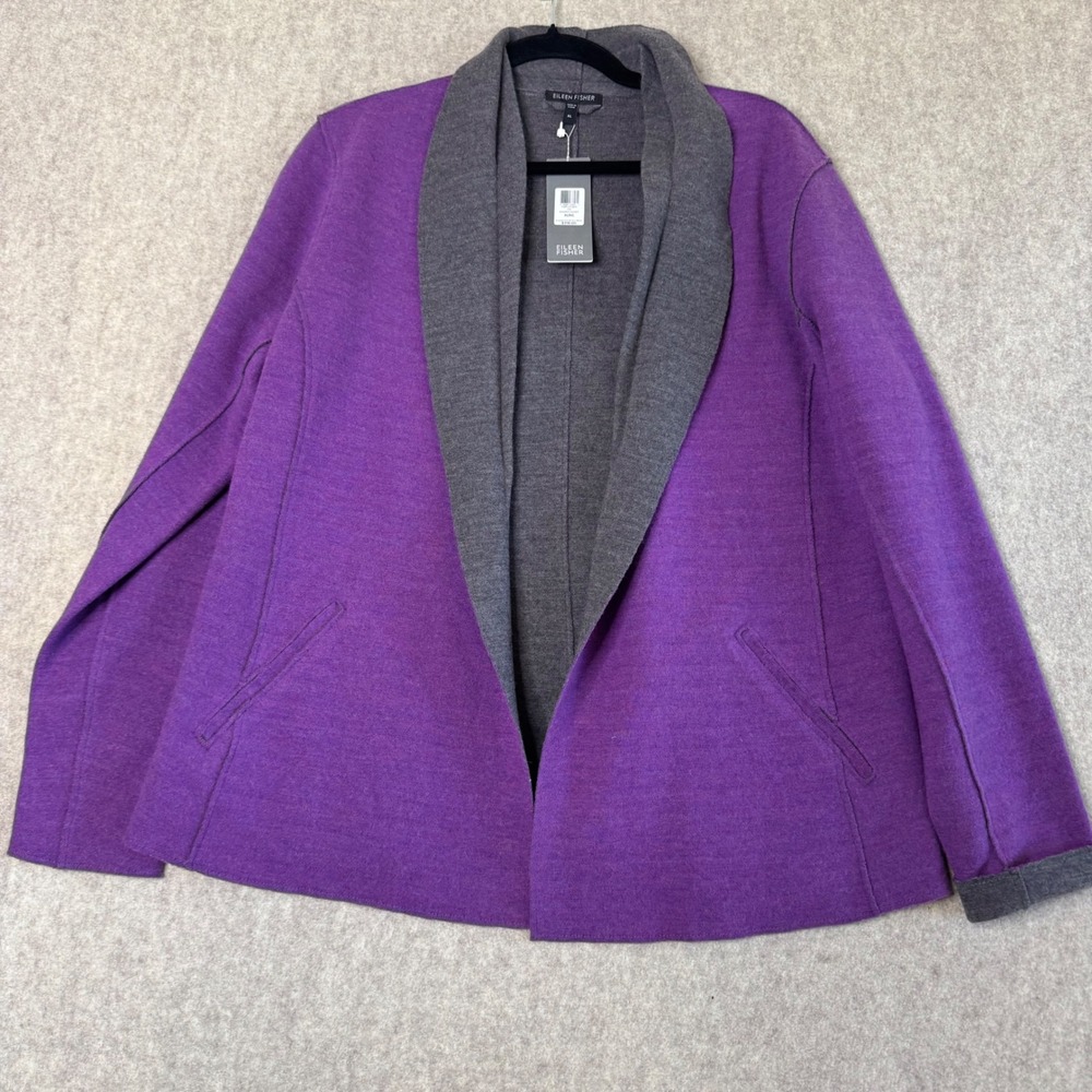Eileen Fisher Shaped Open Front Cardigan Womens XL Purple Gray Merino Wool NWT